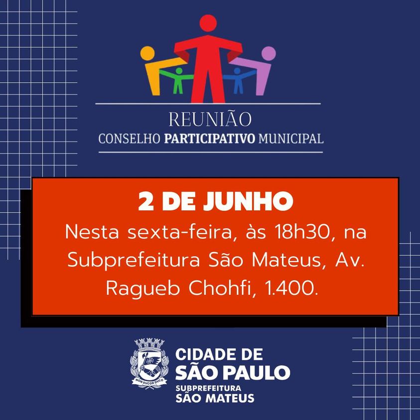 Arte com fundo azul, letras brancas, convida para a reunião do CPM, a partir de 18h30, na av. Ragueb Chohfi, 1400. 